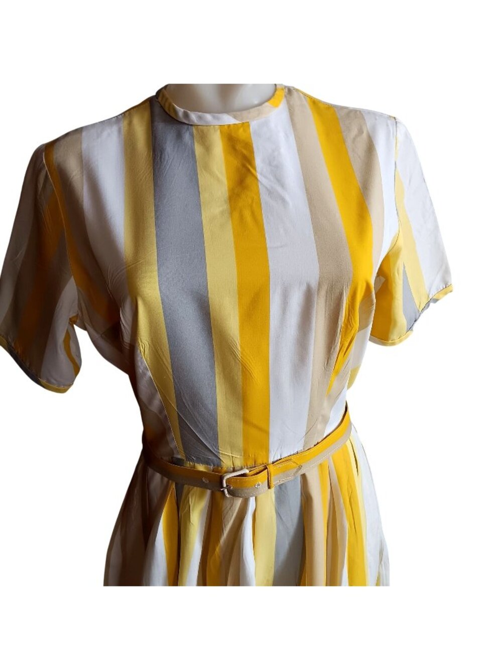 True Vintage Rockabilly Dress 8 1950's Jane Ann Yellow White Striped Belted USA